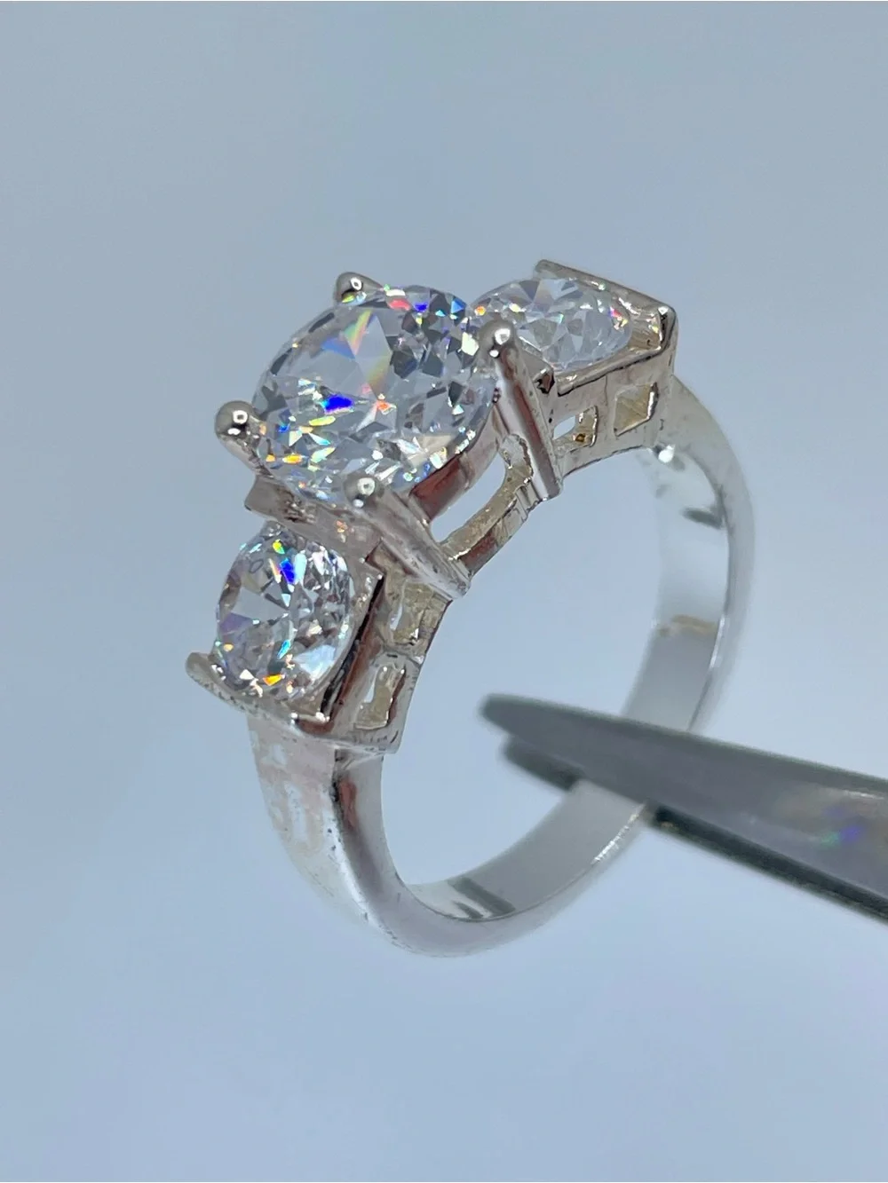 Swarovski Crystal Elements 3 Stone Ring Round Cut Silver Sz 6 Statement Bridal
